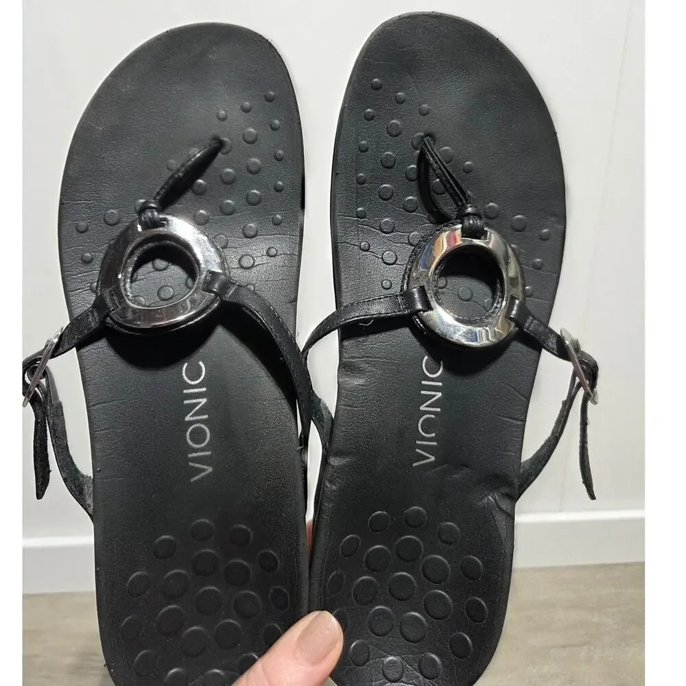 Vionic Rest Karina Black Leather with a Polished Ring Flip Flops Size 10 - Picture 6 of 7